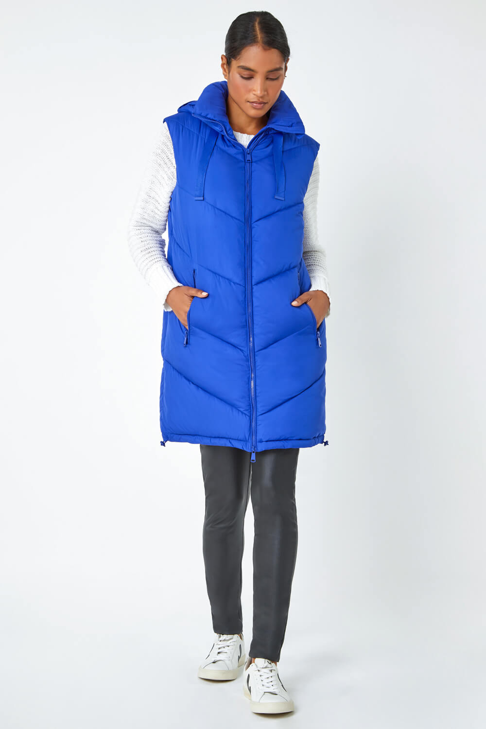 Royal Blue Longline Quilted Hooded Gilet, Image 2 of 5