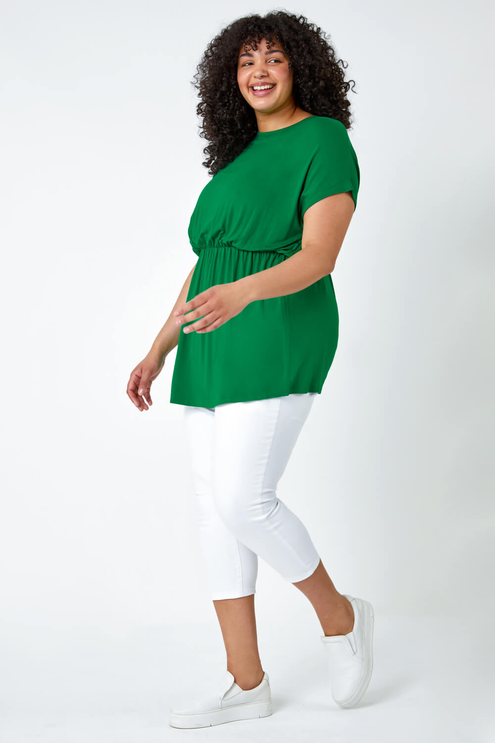 Green Curve Shirred Waist Tunic Top, Image 2 of 5