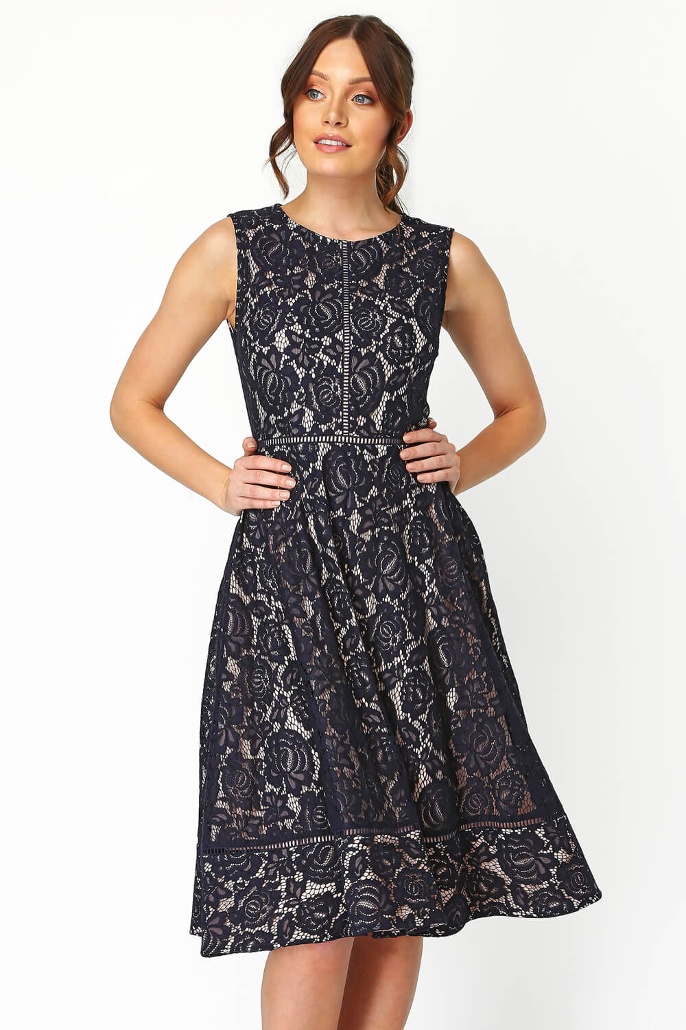 Fit And Flare Lace Midi Dress In Navy Roman Originals Uk
