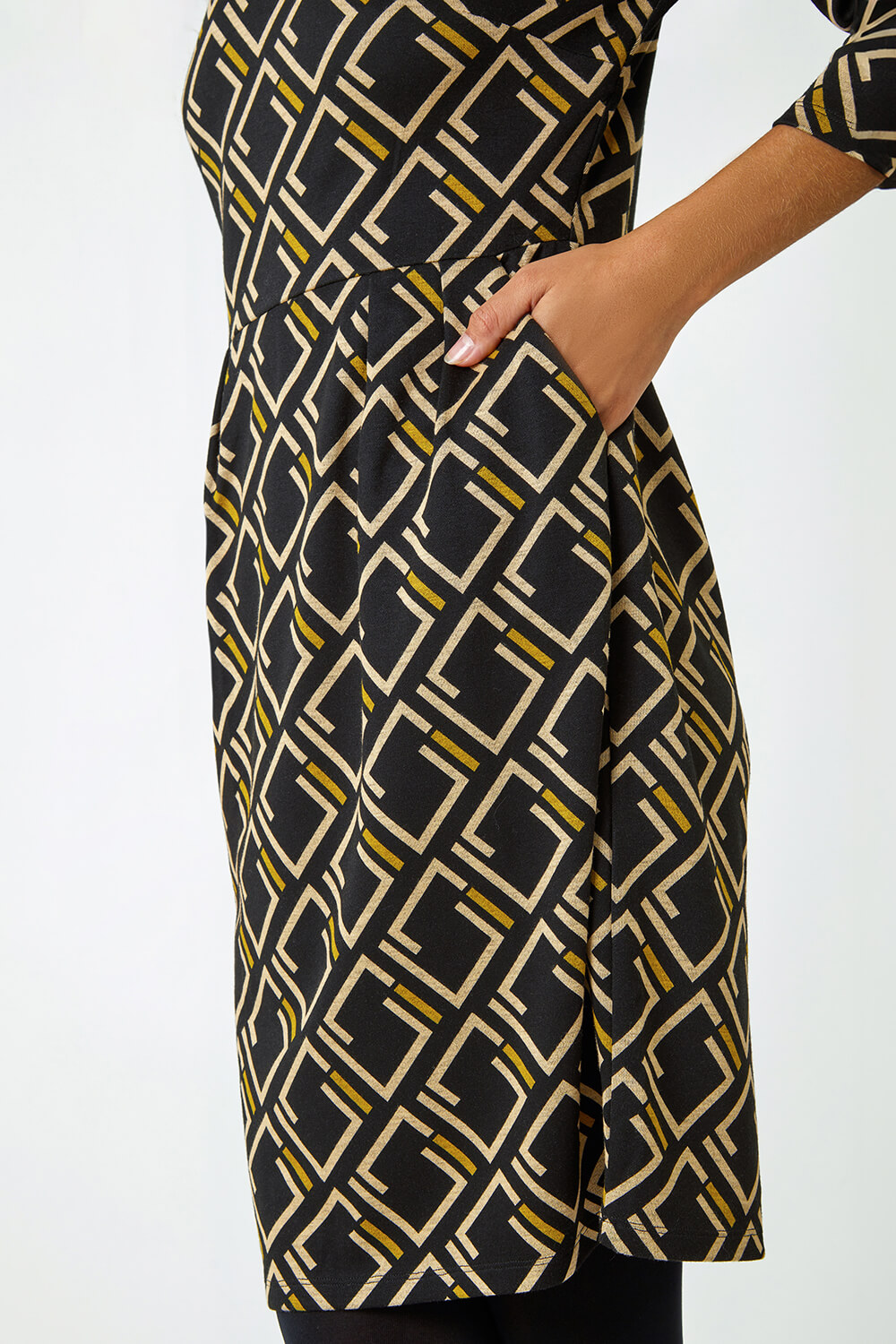 Yellow Geometric Print Pocket Shift Dress, Image 5 of 5