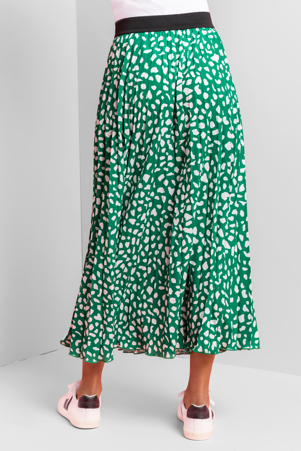 Green Abstract Spot Pleated Midi Skirt, Image 3 of 4