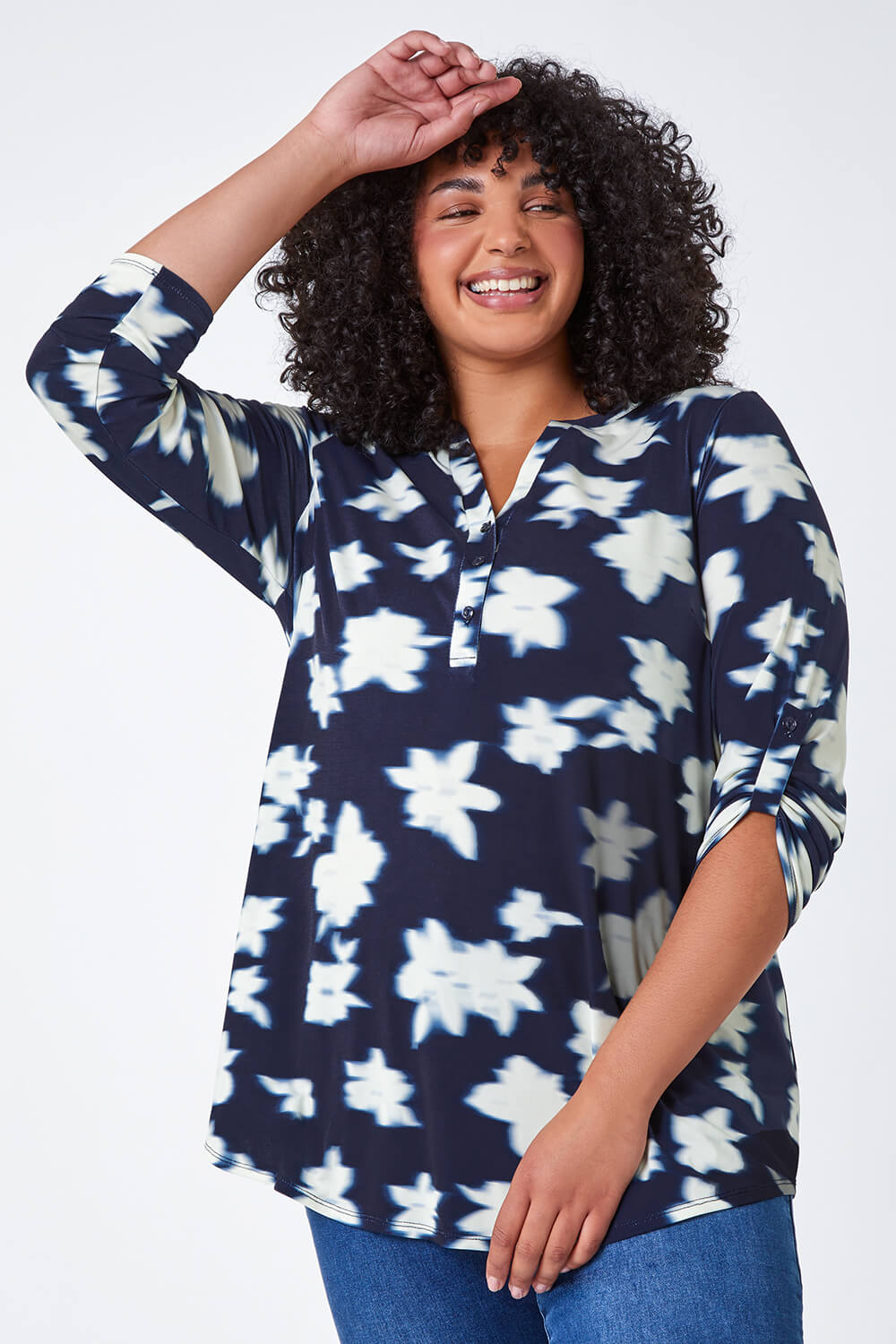Navy  Curve Floral Stretch Jersey Top, Image 4 of 5