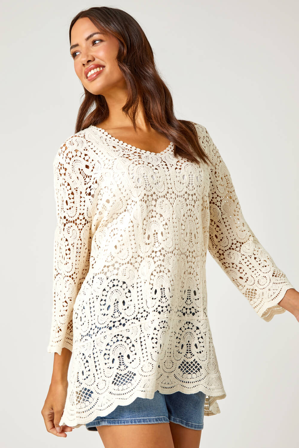 Natural  Cotton Crochet Tunic Top, Image 4 of 6