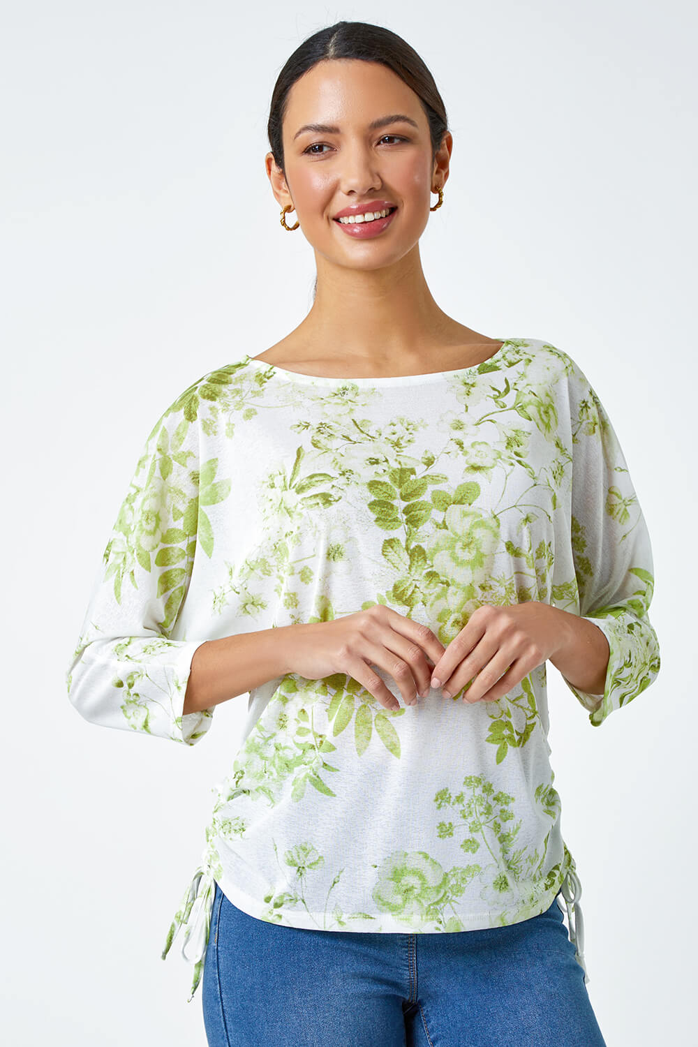Lime Floral Print Ruched Tie Detail Top, Image 4 of 5