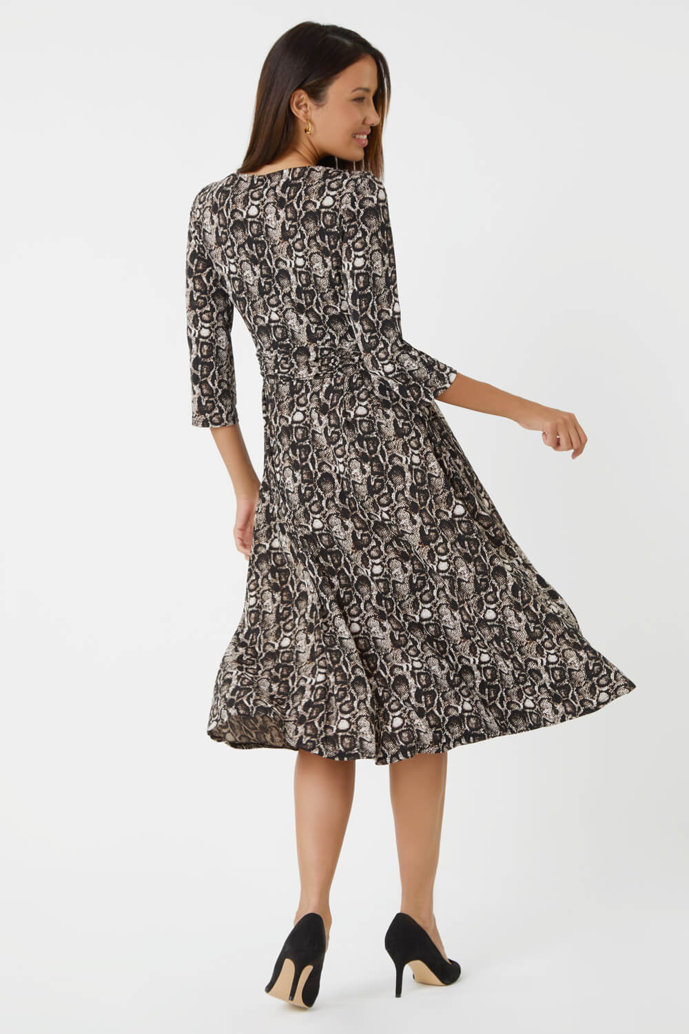Coffee Snake Print Gathered Stretch Ruched Dress, Image 3 of 5