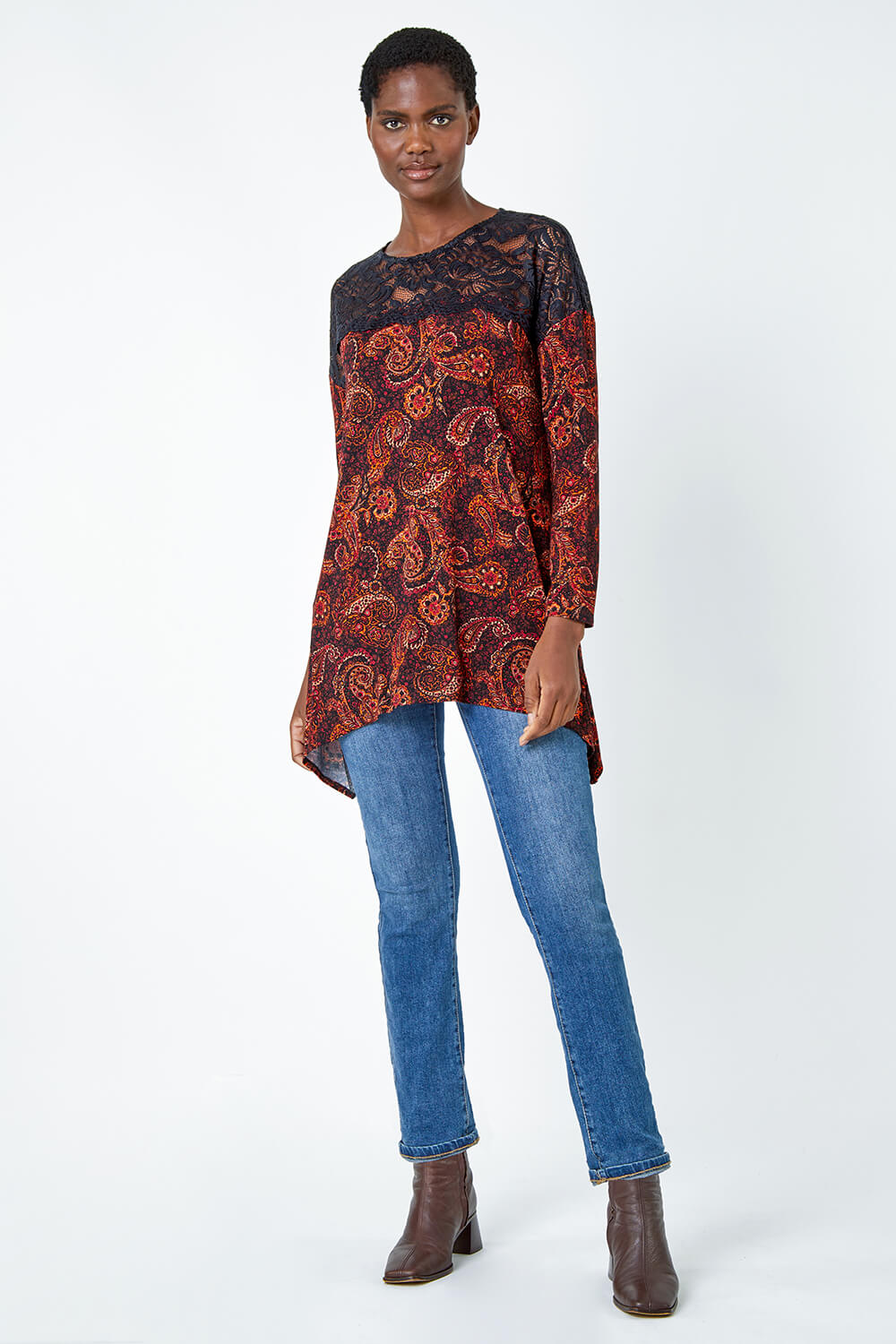 Red Lace Detail Paisley Print Stretch Top , Image 2 of 5