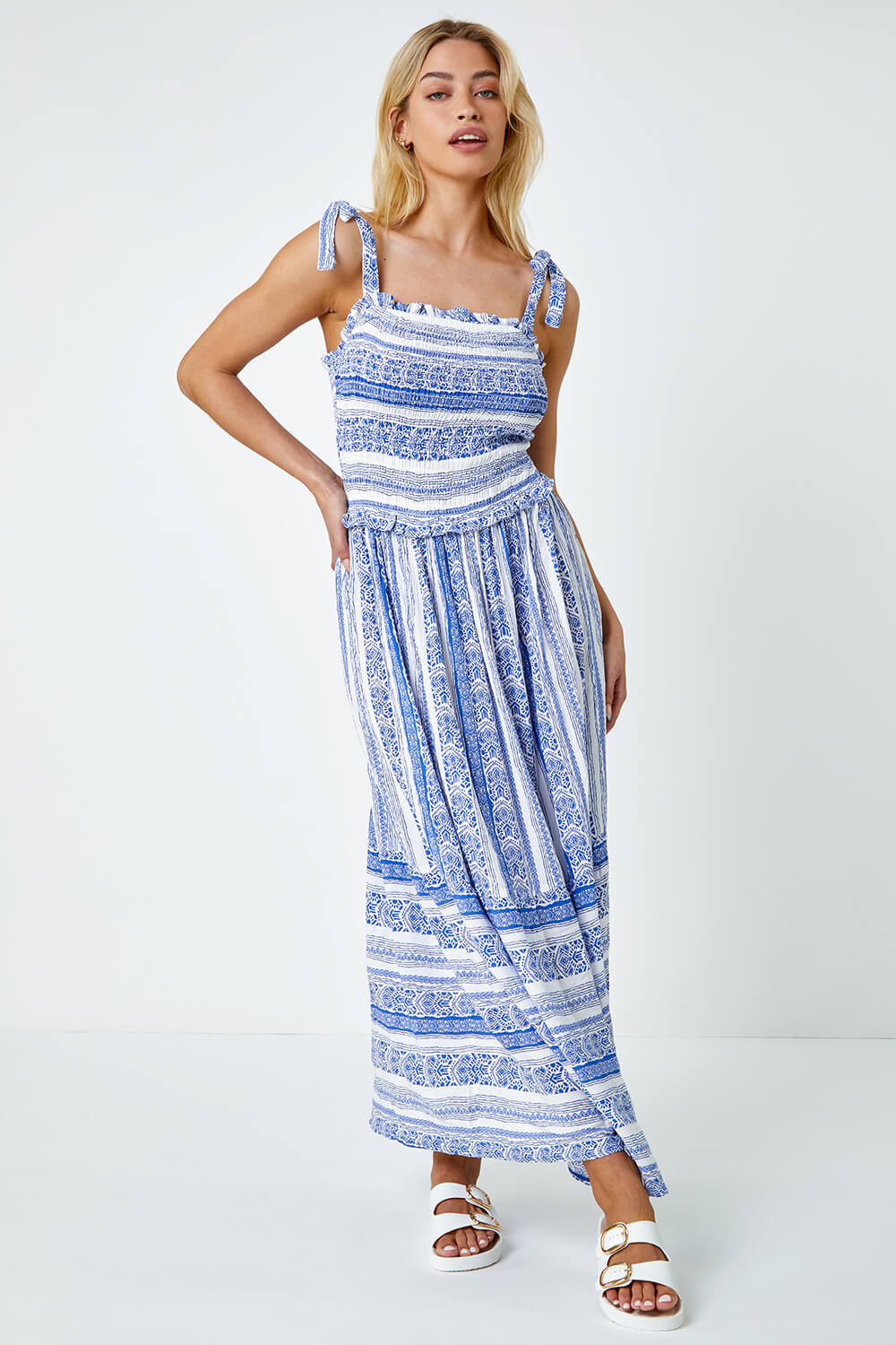 Blue Border Print Shoulder Tie Maxi Dress | Roman UK
