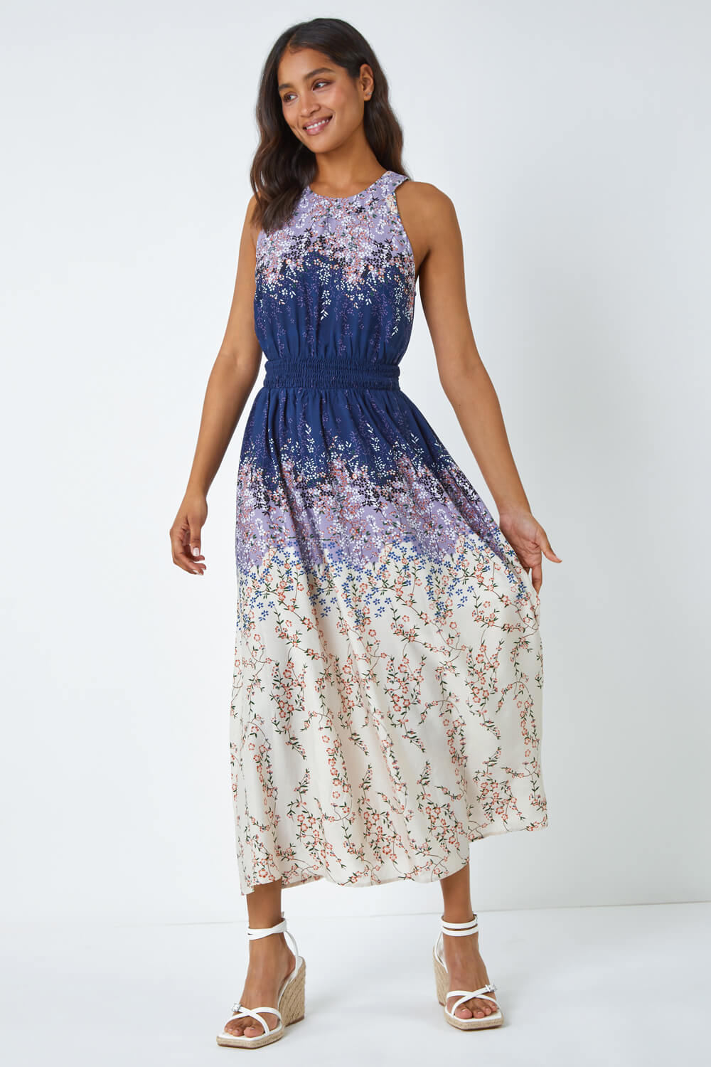 Navy  Ombre Floral Halter Neck Maxi Dress, Image 4 of 5