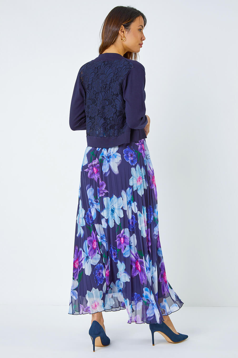 Navy  Floral Print Pleated Maxi Dress, Image 3 of 5