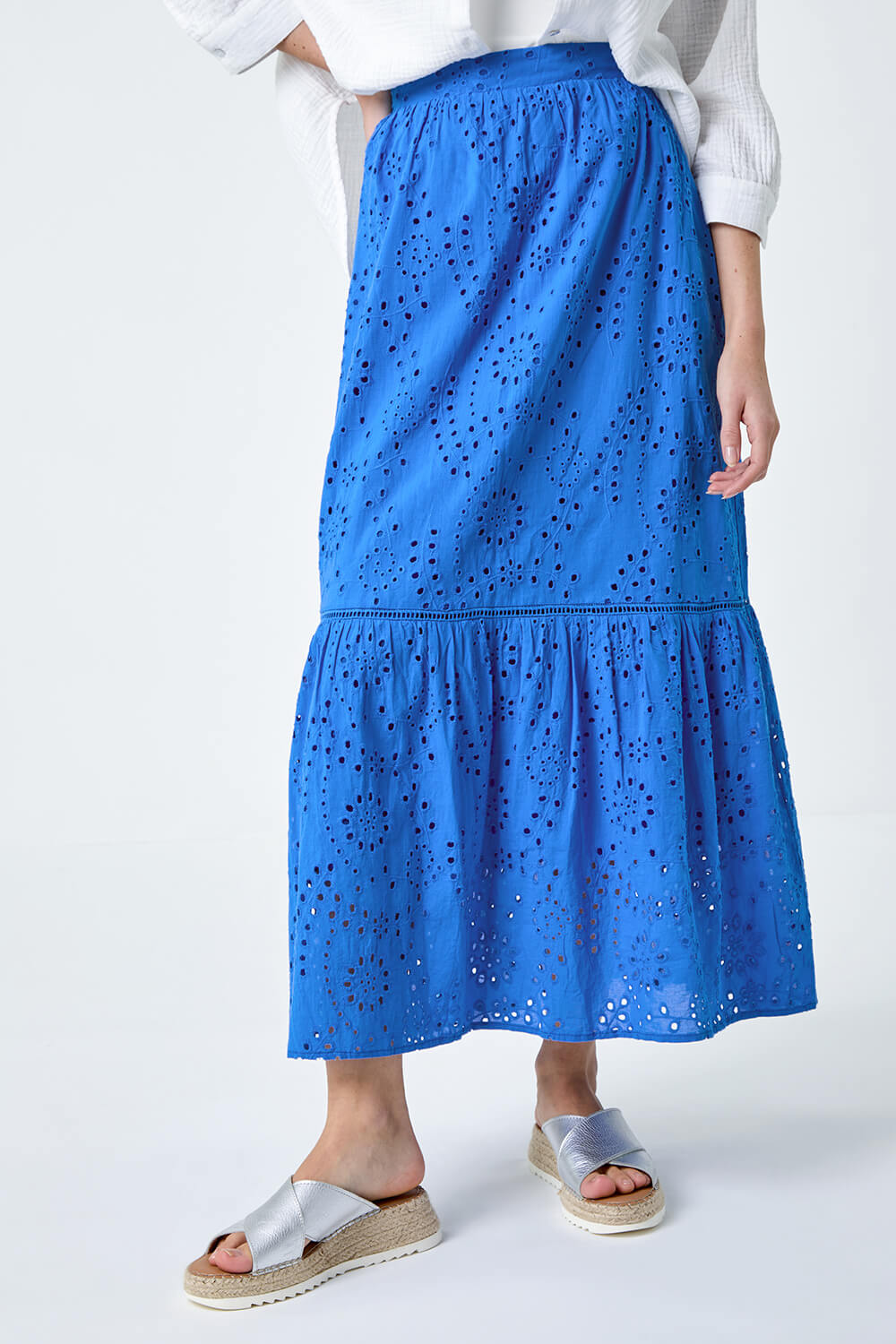 Blue Cotton Broderie Pocket Midi Skirt, Image 4 of 5