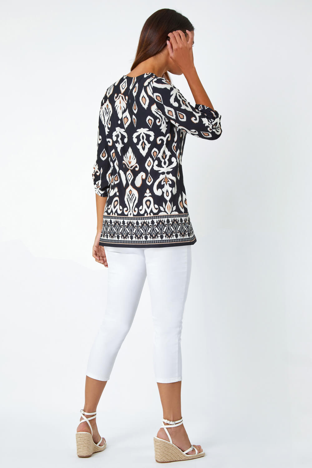 Neutral Aztec Border Print Tunic Stretch Top, Image 3 of 5