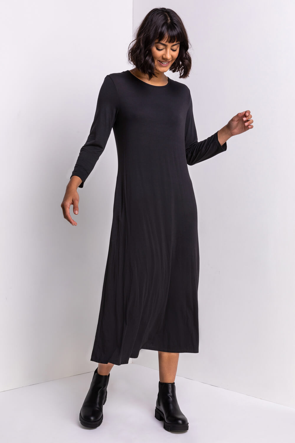 Black Pocket Jersey Midi Dress, Image 3 of 4