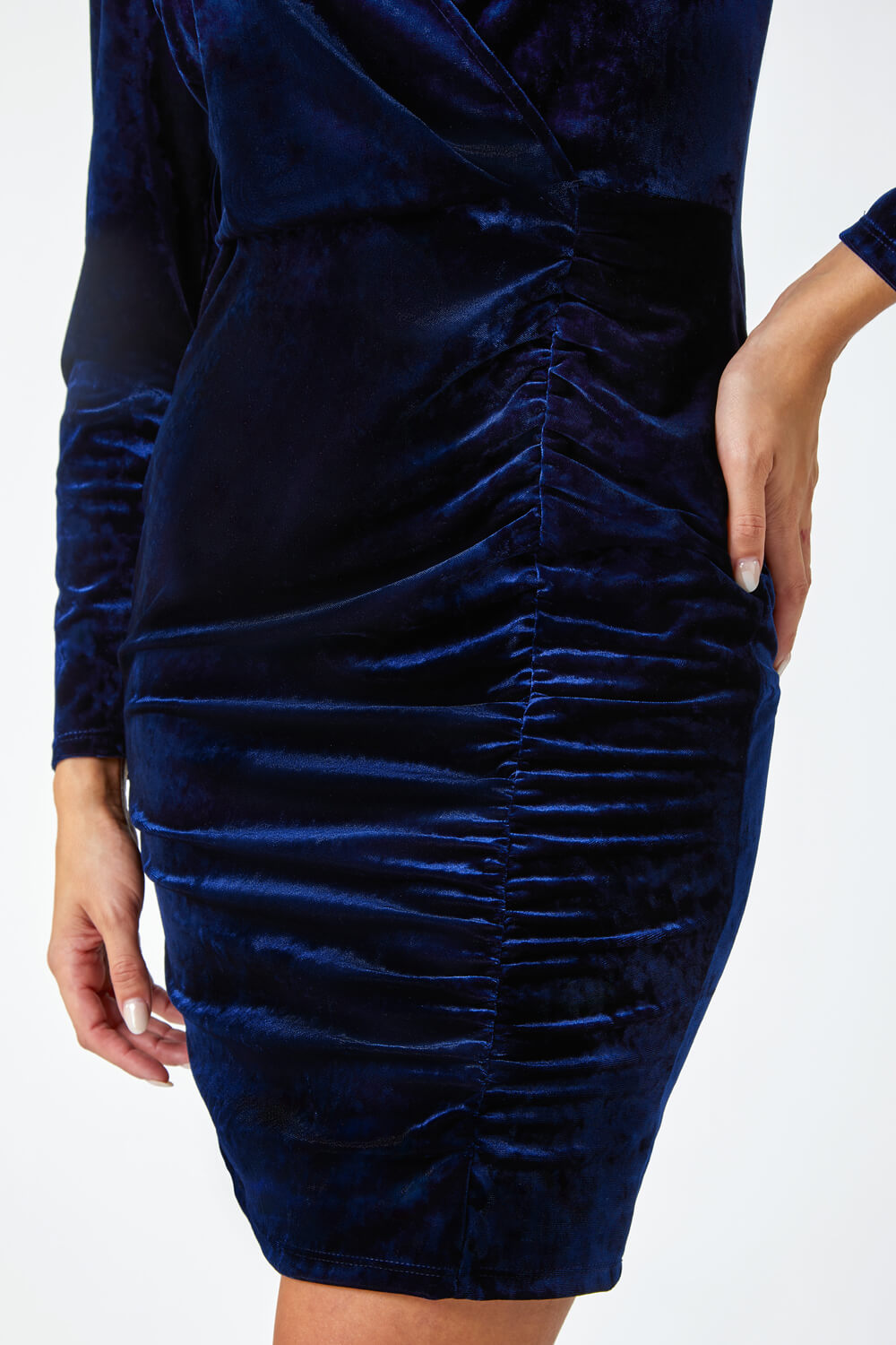 Midnight Blue Velvet Ruched Waist Stretch Wrap Dress, Image 5 of 5