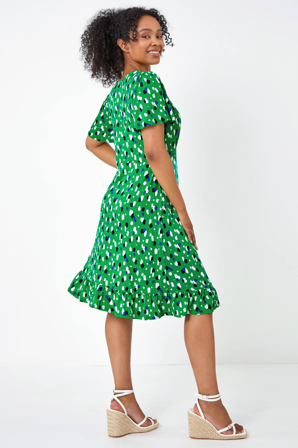 Green Petite Spot Frill Hem Stretch Dress, Image 3 of 5