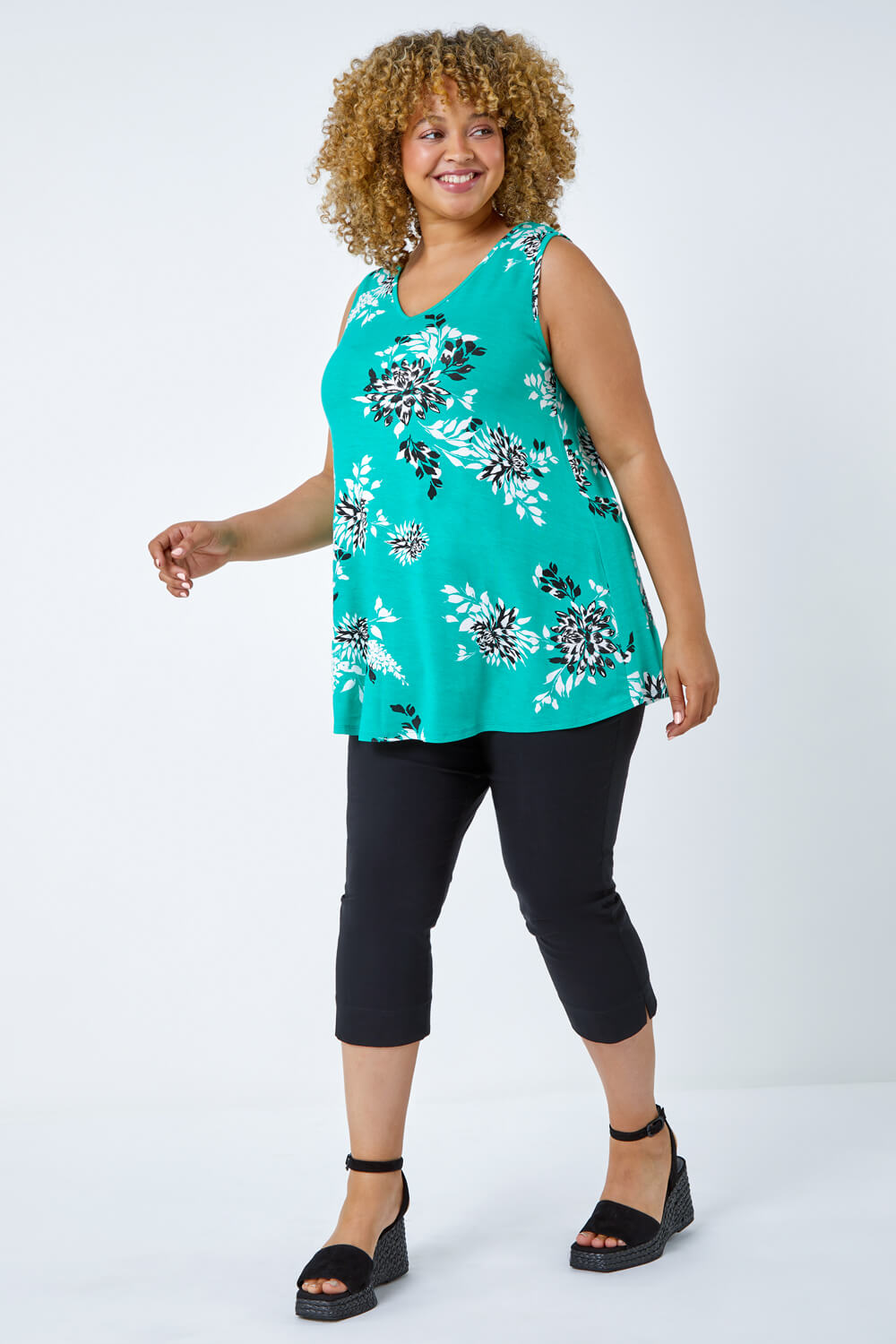 Green Curve Floral Swing Stretch Top, Image 2 of 5