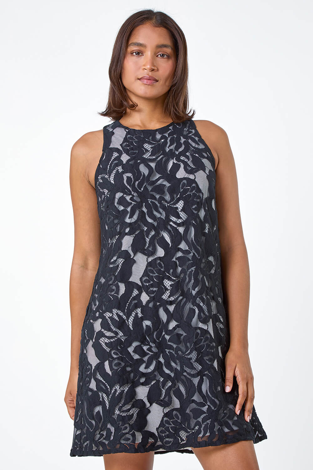 Black Sleeveless Lace Swing Dress, Image 2 of 5