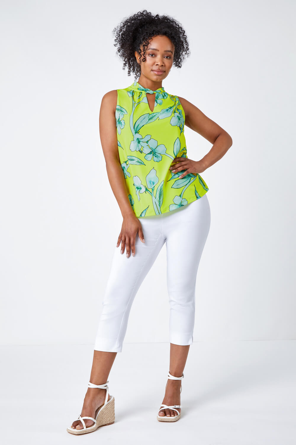 Lime Petite Floral Twist Neck Top, Image 2 of 5