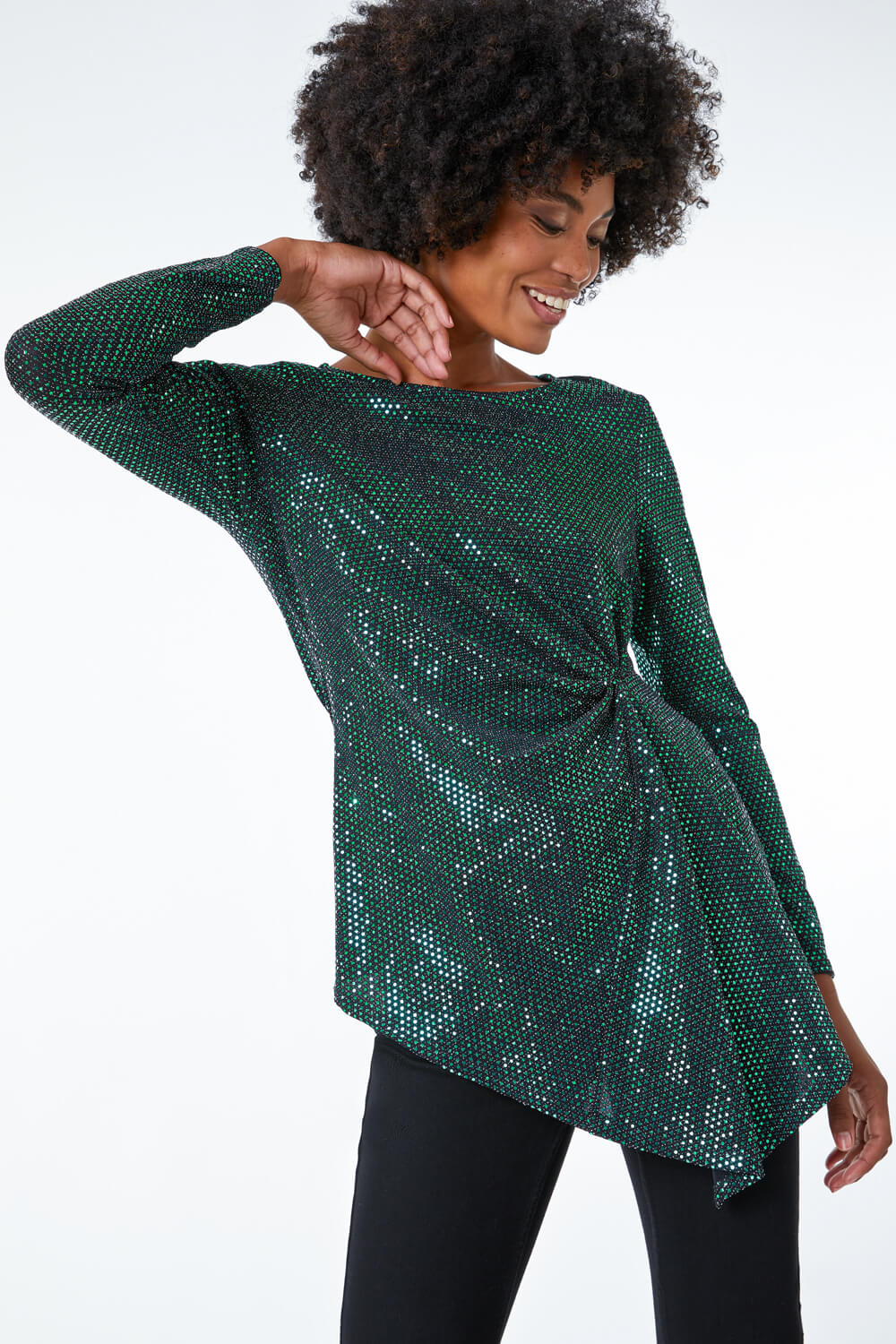 Green Sequin Ruched Waist Jersey Top, Image 2 of 5