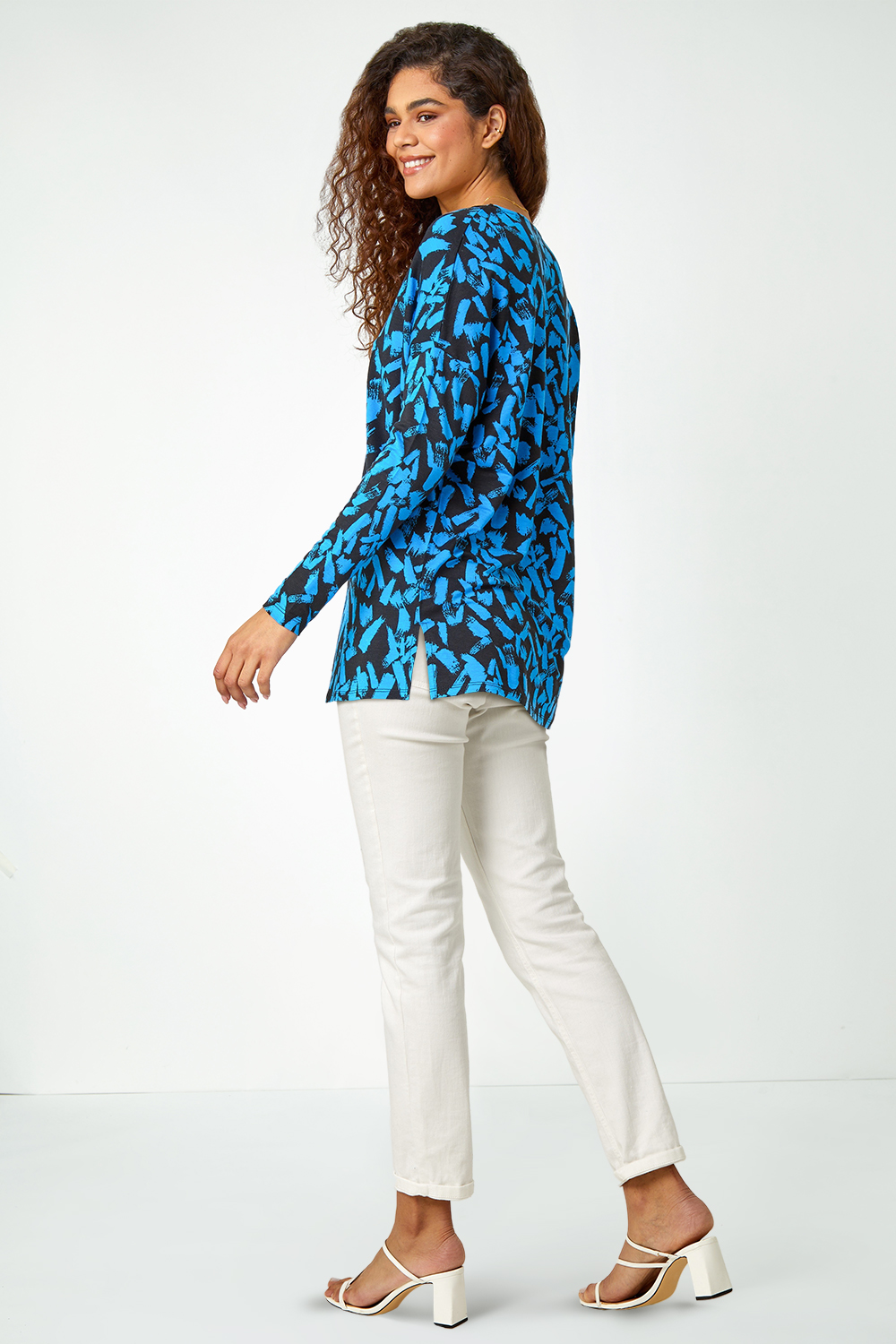 Blue Abstract Print Tunic Stretch Top , Image 3 of 5