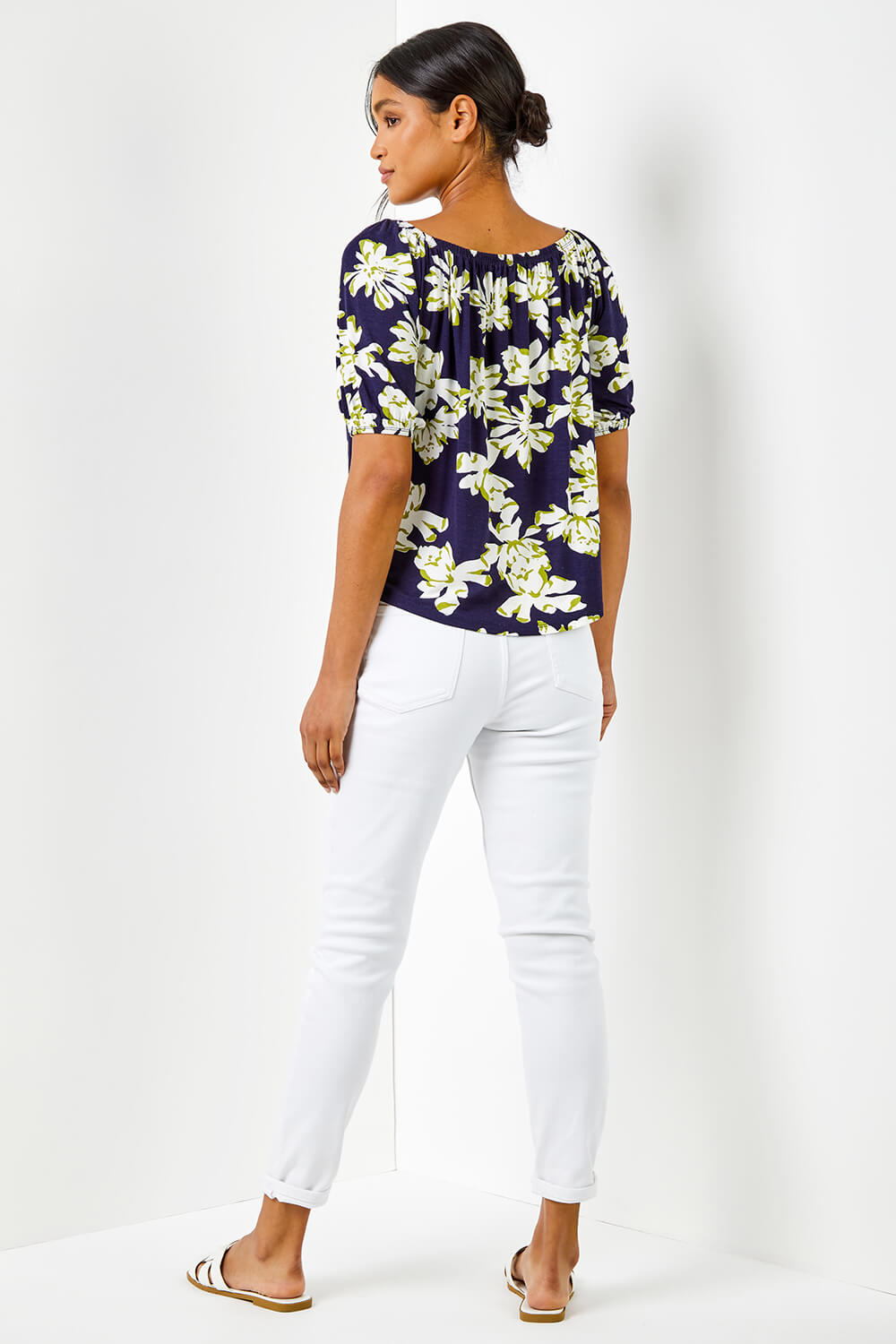 Navy  Floral Print Stretch Bardot Top, Image 2 of 5
