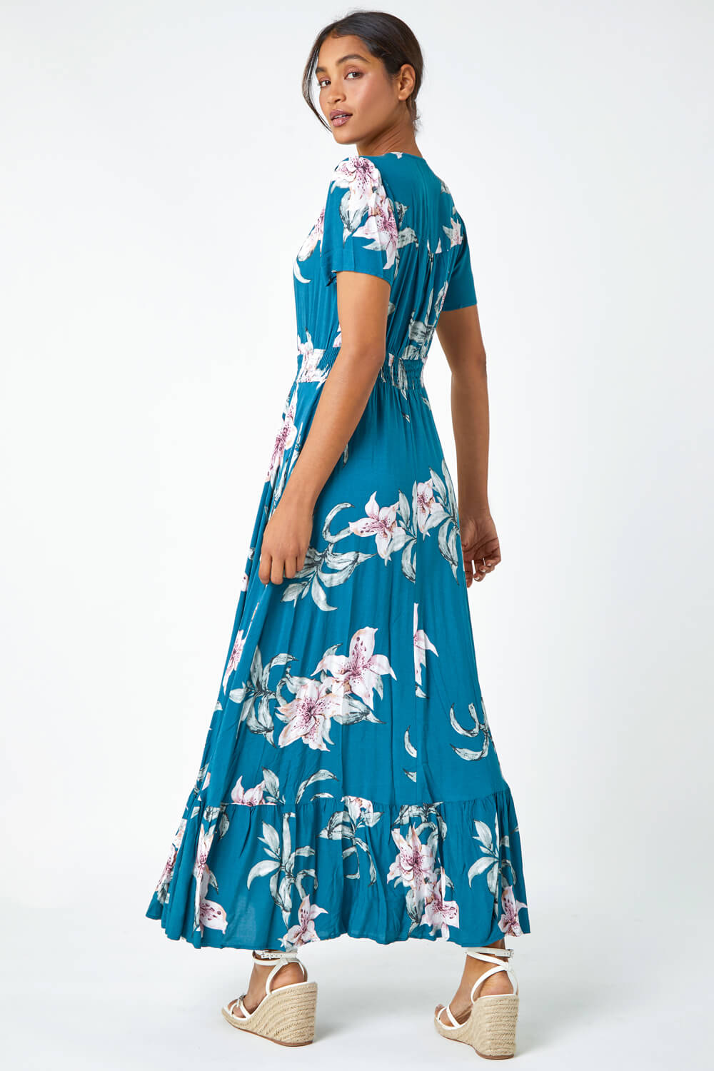 Teal Floral Print Shirred Waist Maxi Dress, Image 3 of 5