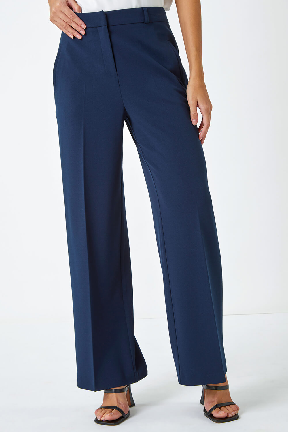 Navy  Wide Leg Premium Stretch Trousers, Image 3 of 5