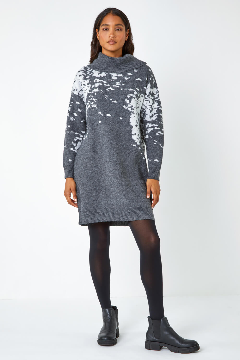 Dark Grey Abstract Print Cowl Neck Jumper Dress, Image 2 of 5