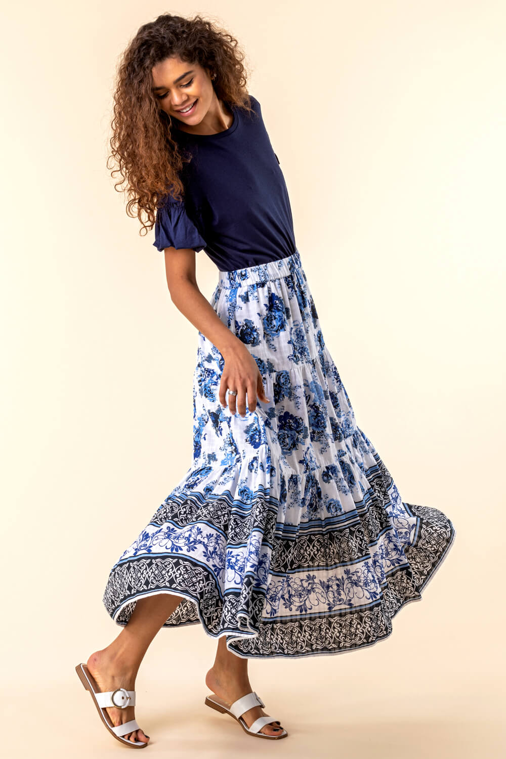 Blue Floral Contrast Print Tiered Cotton Skirt, Image 3 of 4
