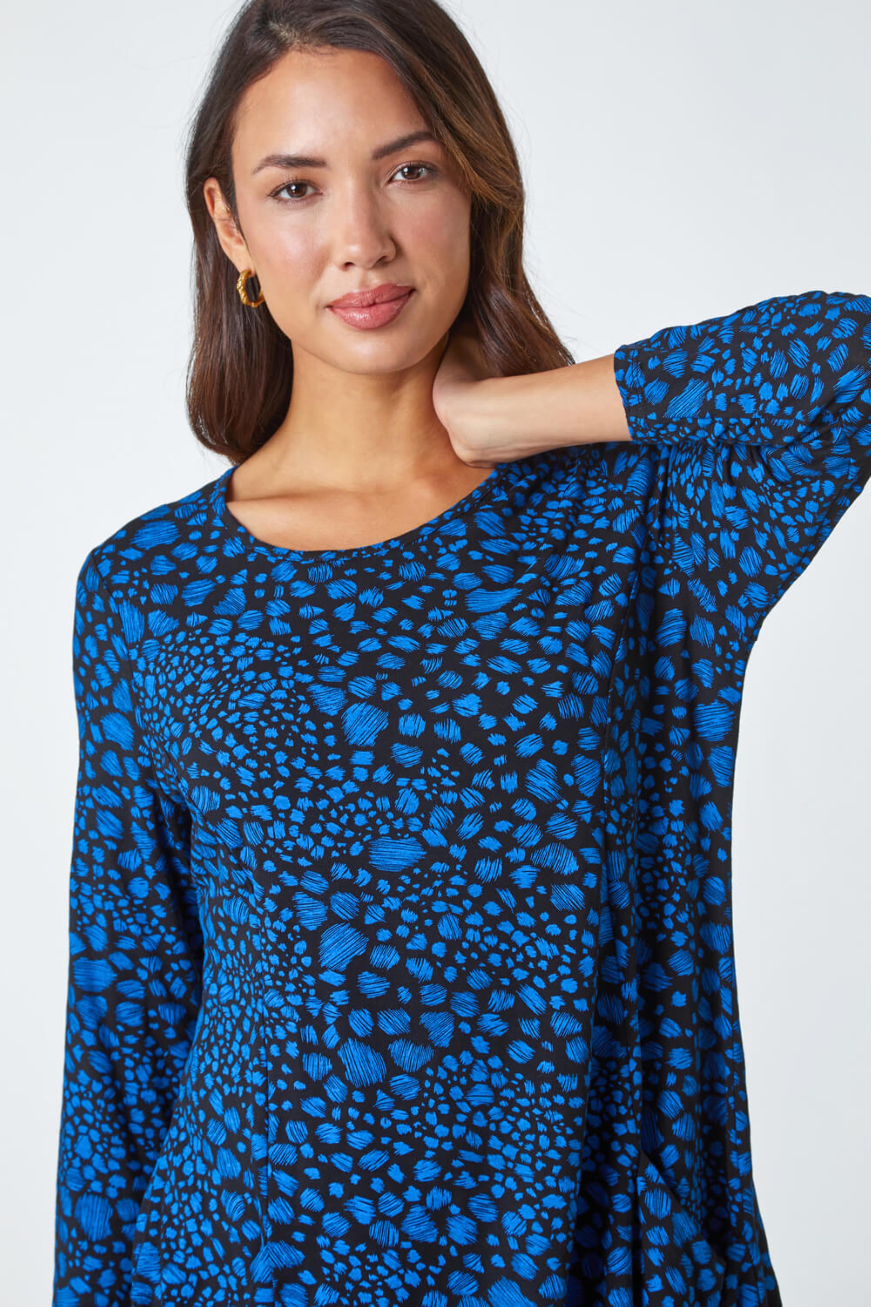 Blue Spot Print Stretch Swing Top , Image 4 of 5