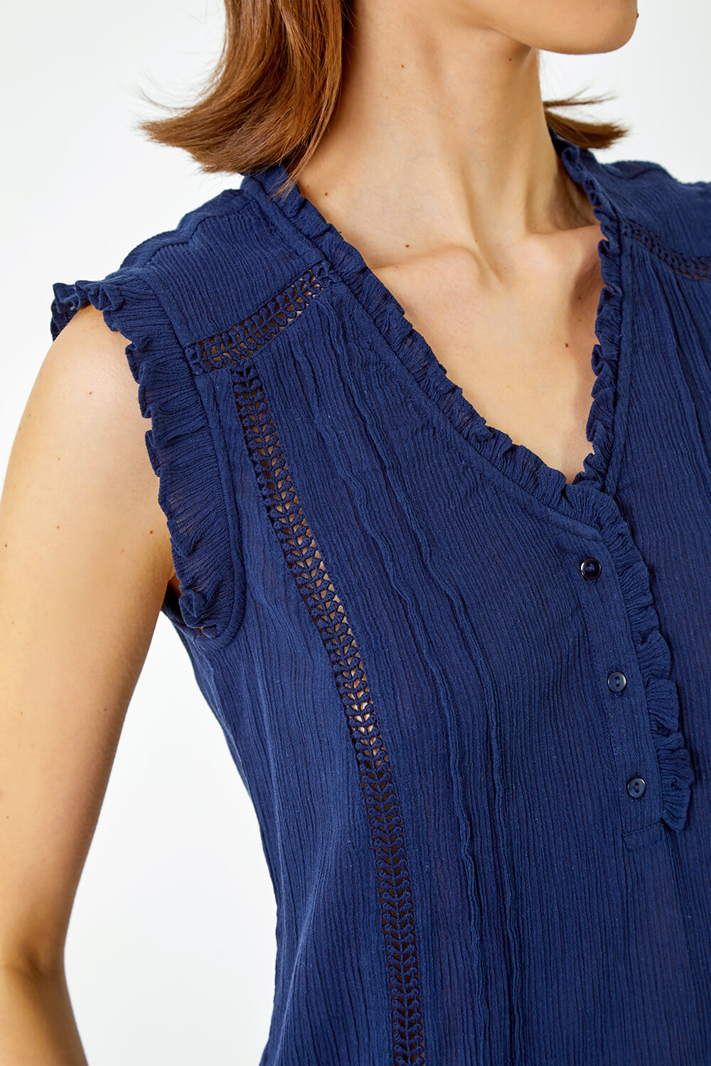 Navy  Ruffle Detail Cotton Crinkle Top, Image 5 of 5