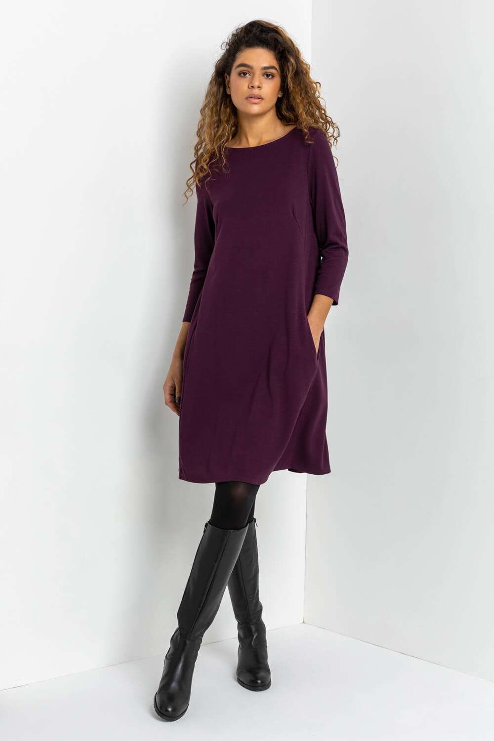 Purple A-Line Pocket Detail Swing Dress, Image 1 of 4