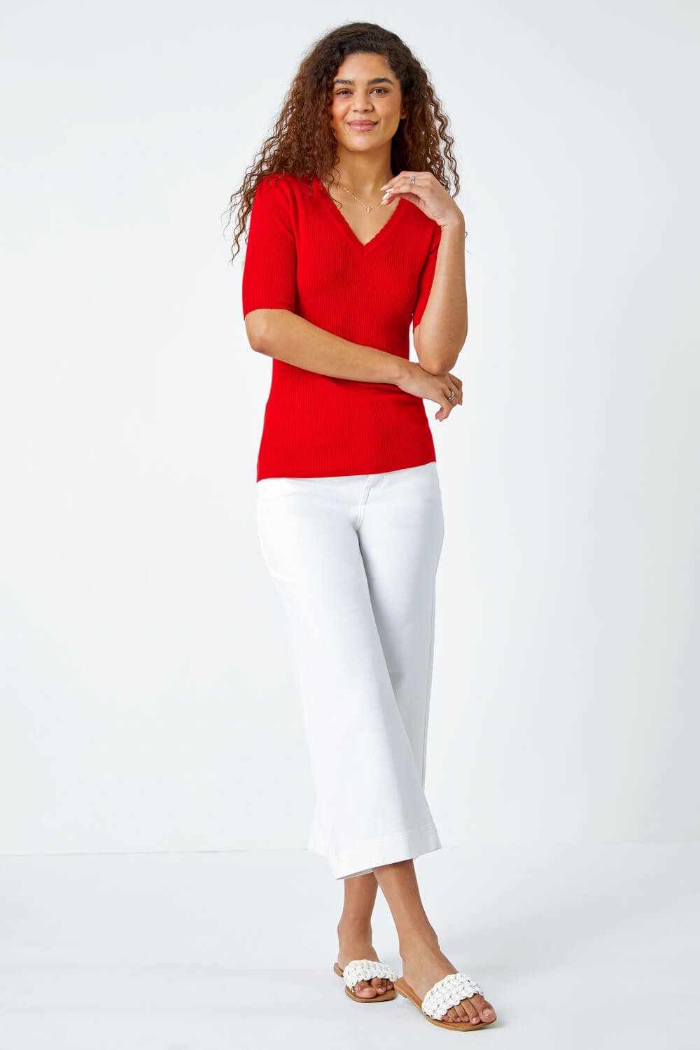 Red Scallop Edge Ribbed Stretch Knit Top, Image 4 of 5