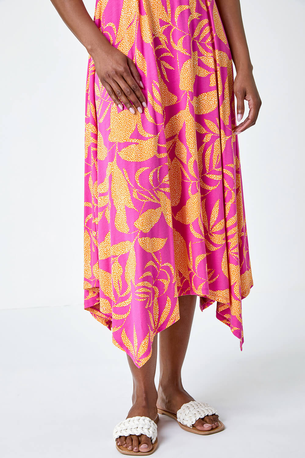 Fuchsia Tropical Print Pleated Maxi Stretch Dress, Image 5 of 5