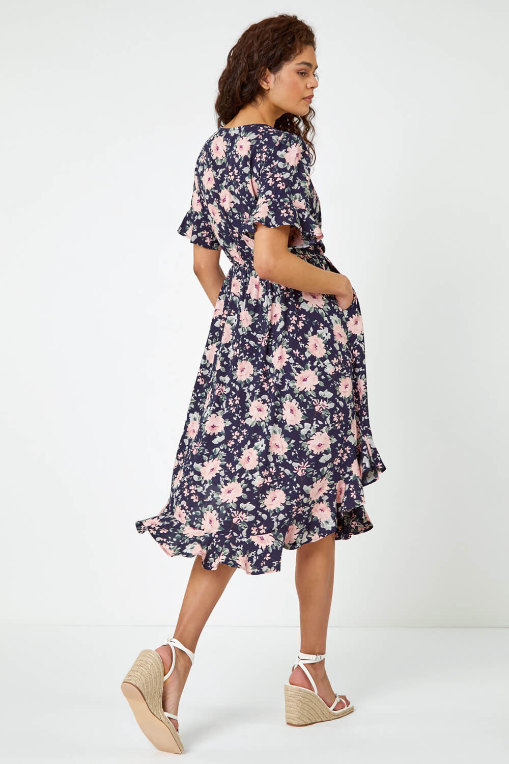 Navy  Floral Print Frill Front Midi Dress, Image 3 of 5