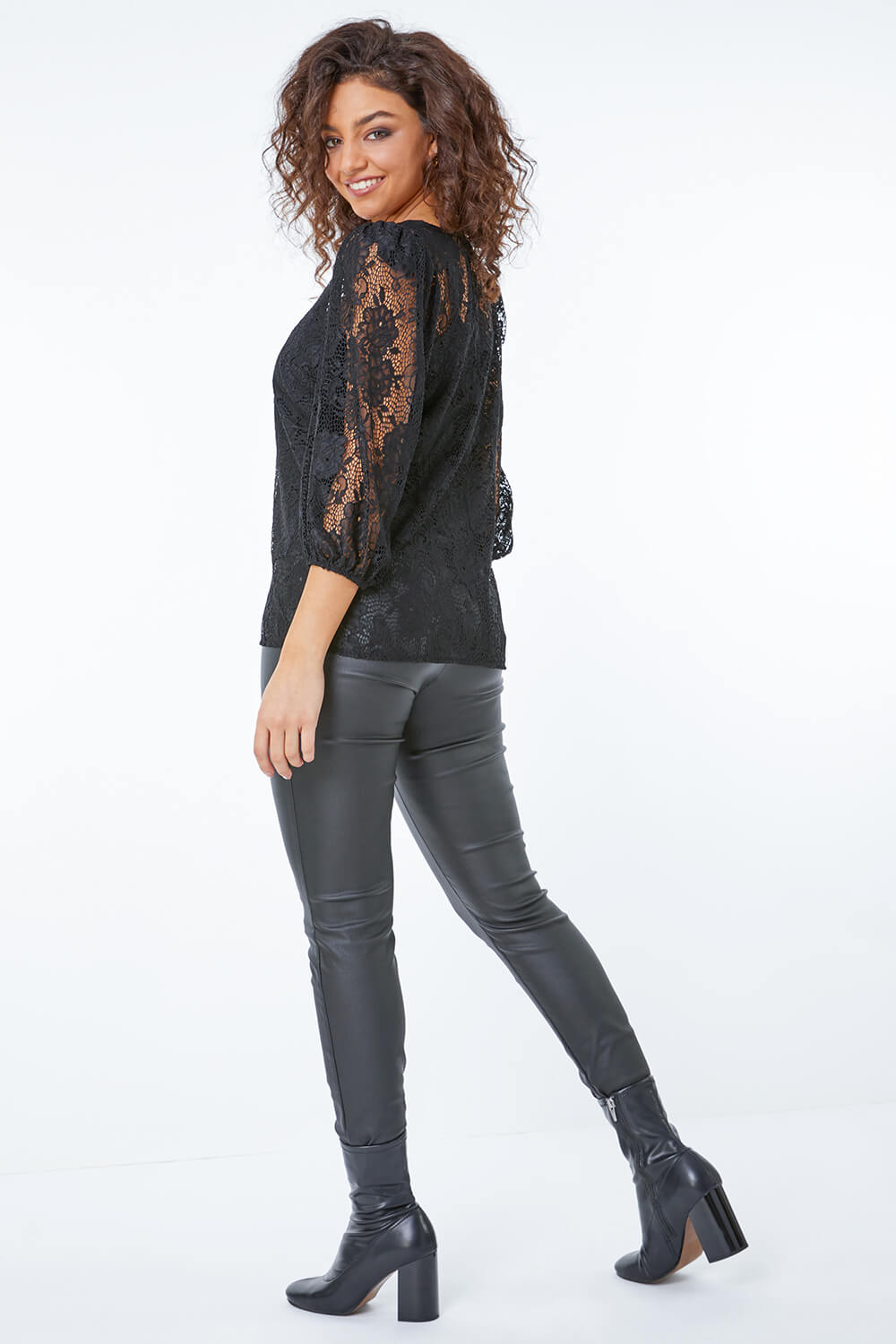 Black Petite Puff Sleeve Lace Top, Image 3 of 5