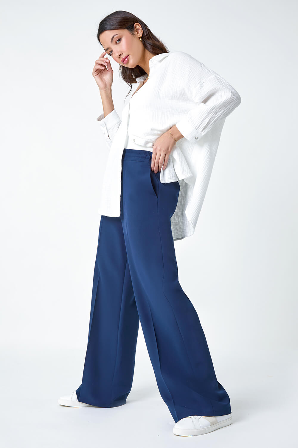 Navy  Wide Leg Tie Front Stretch Trouser, Image 1 of 5