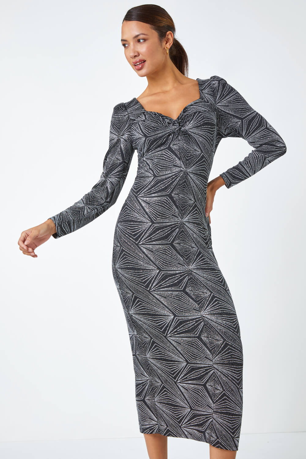 Geometric Glitter Print Midi Stretch Dress