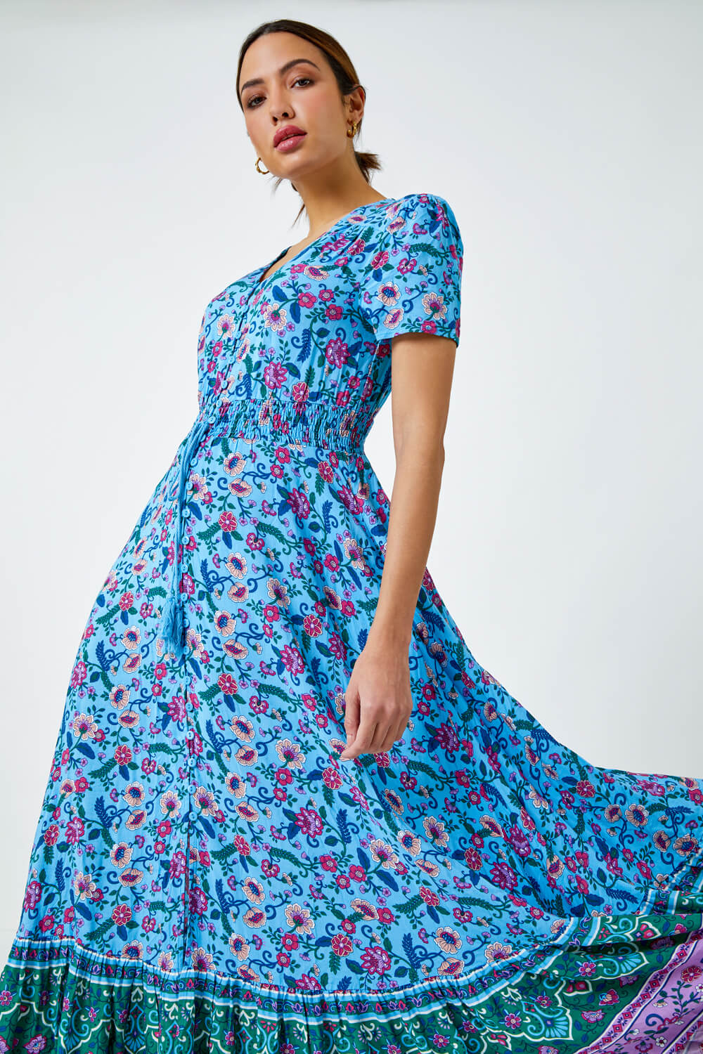 Turquoise Floral Print Tiered Maxi Dress | Roman UK