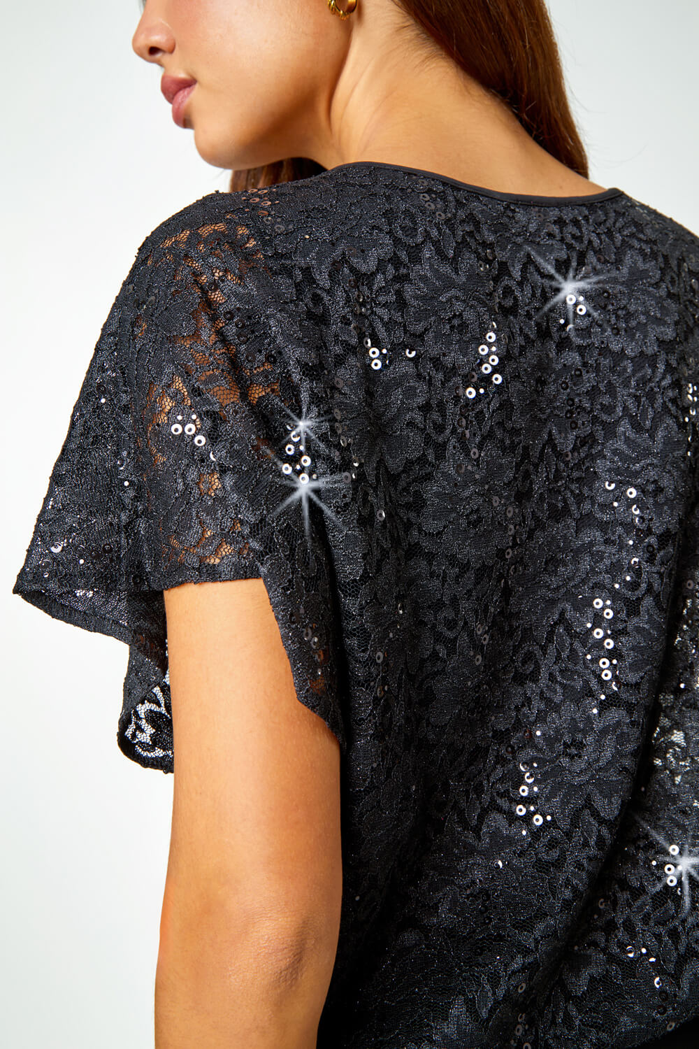 Black Sequin Lace Overlay Stretch Top, Image 5 of 5