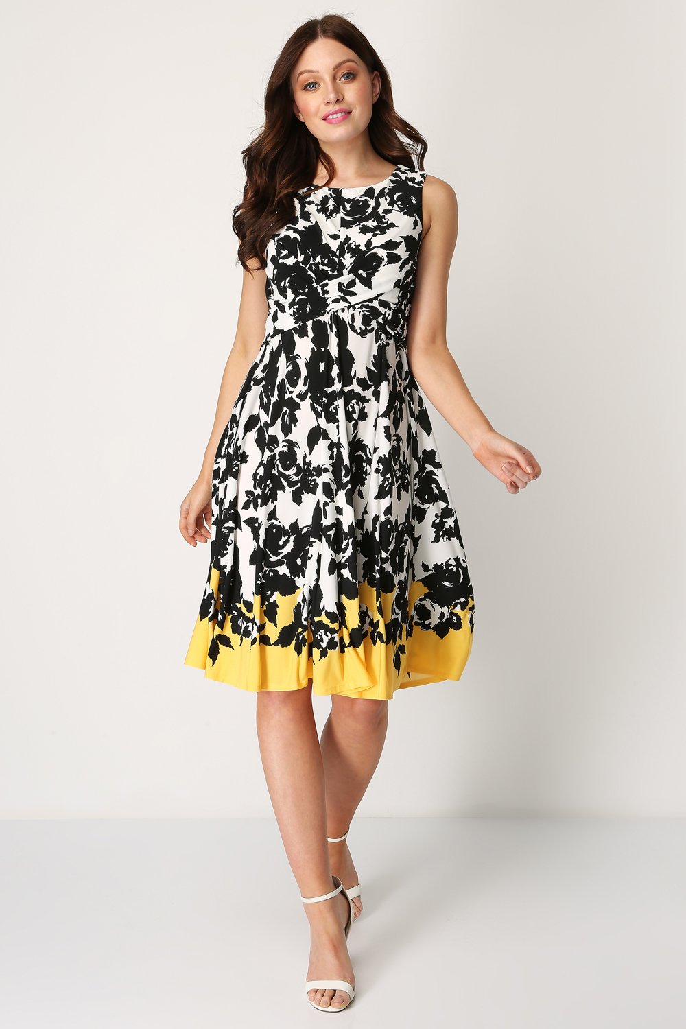 Yellow Fit and Flare Contrast Floral Dress, Image 3 of 4