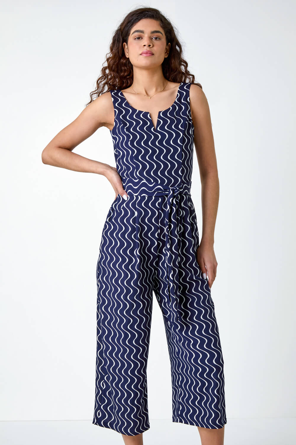 Navy Belted Wave Print Cropped Jumpsuit | Roman UK