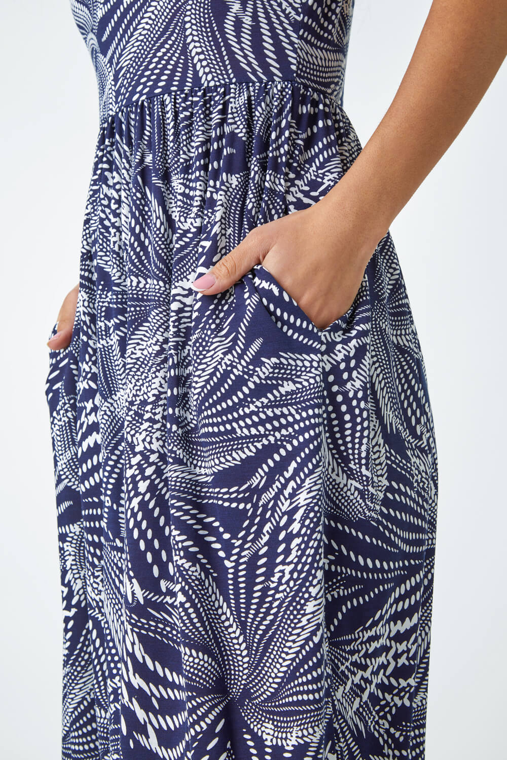 Navy  Abstract Print Midi Stretch Dress, Image 5 of 5