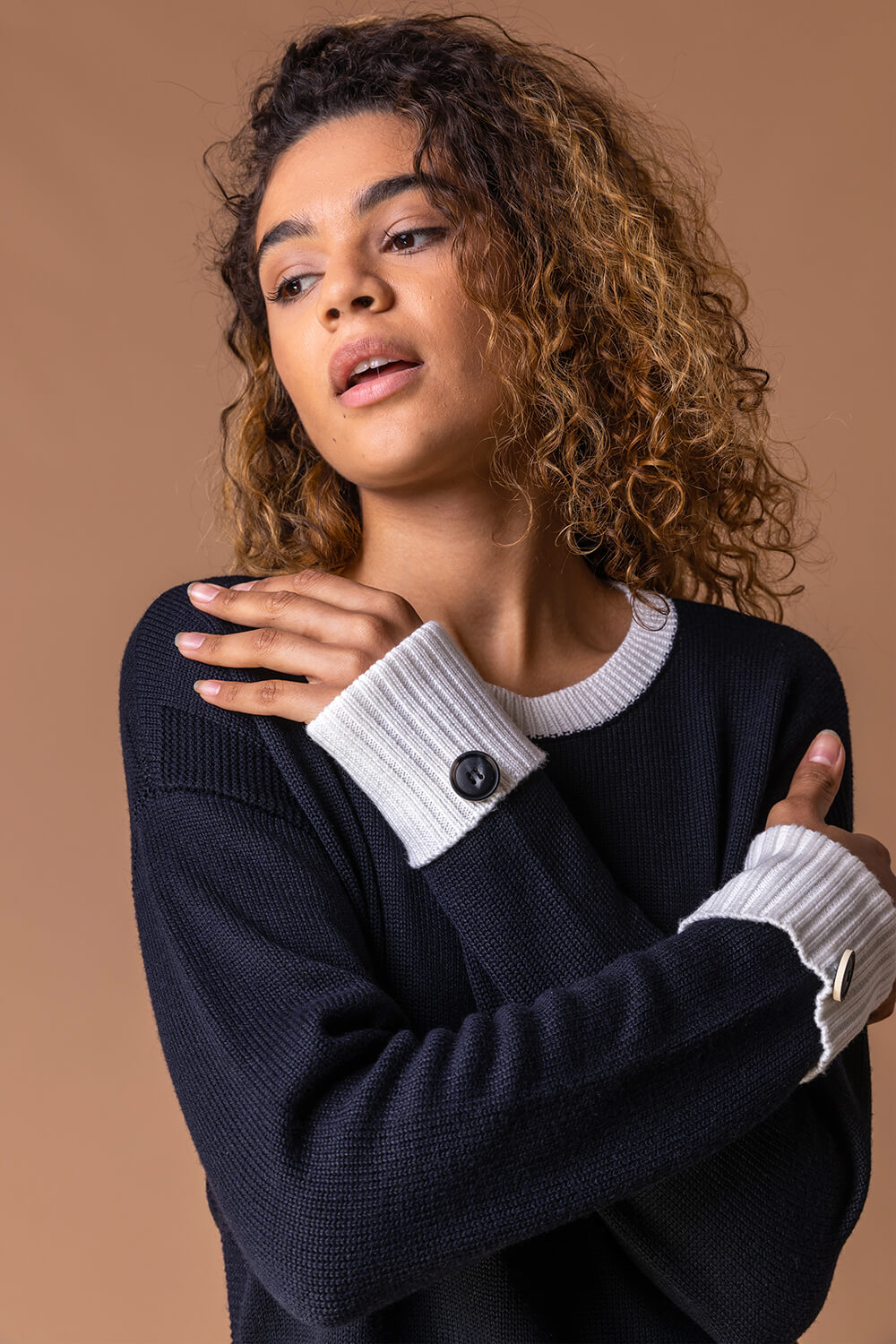 Midnight Blue Contrast Colour Block Jumper, Image 2 of 4