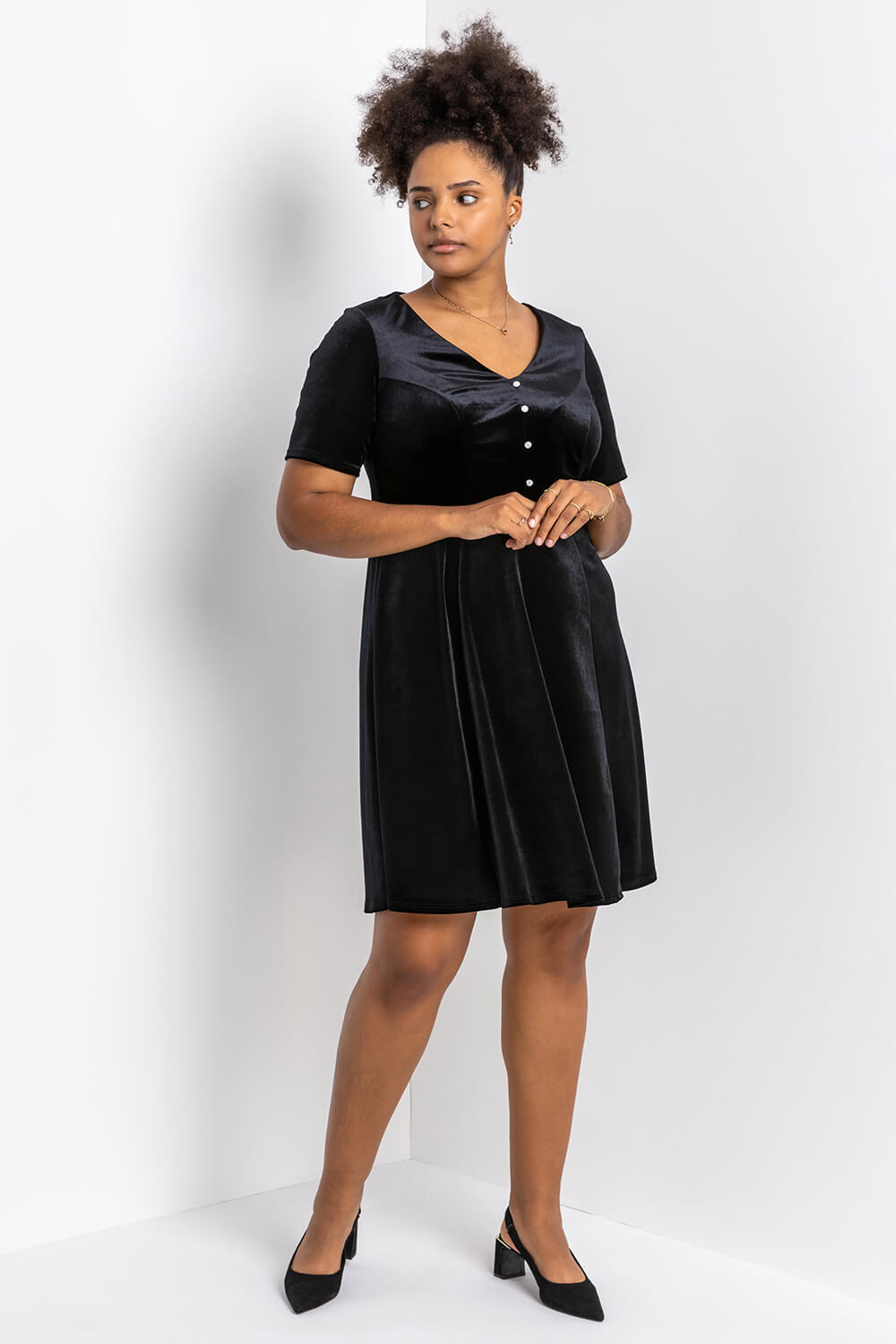 Black Curve Diamante Button Velvet Dress, Image 4 of 4