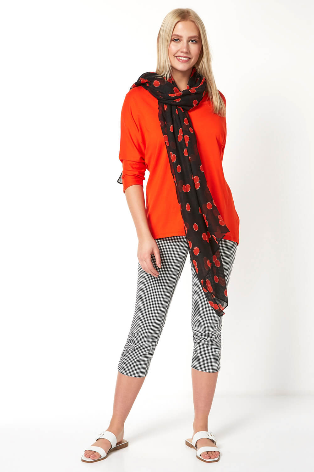 ORANGE Loose T-Shirt and Cherry Print Scarf, Image 2 of 5