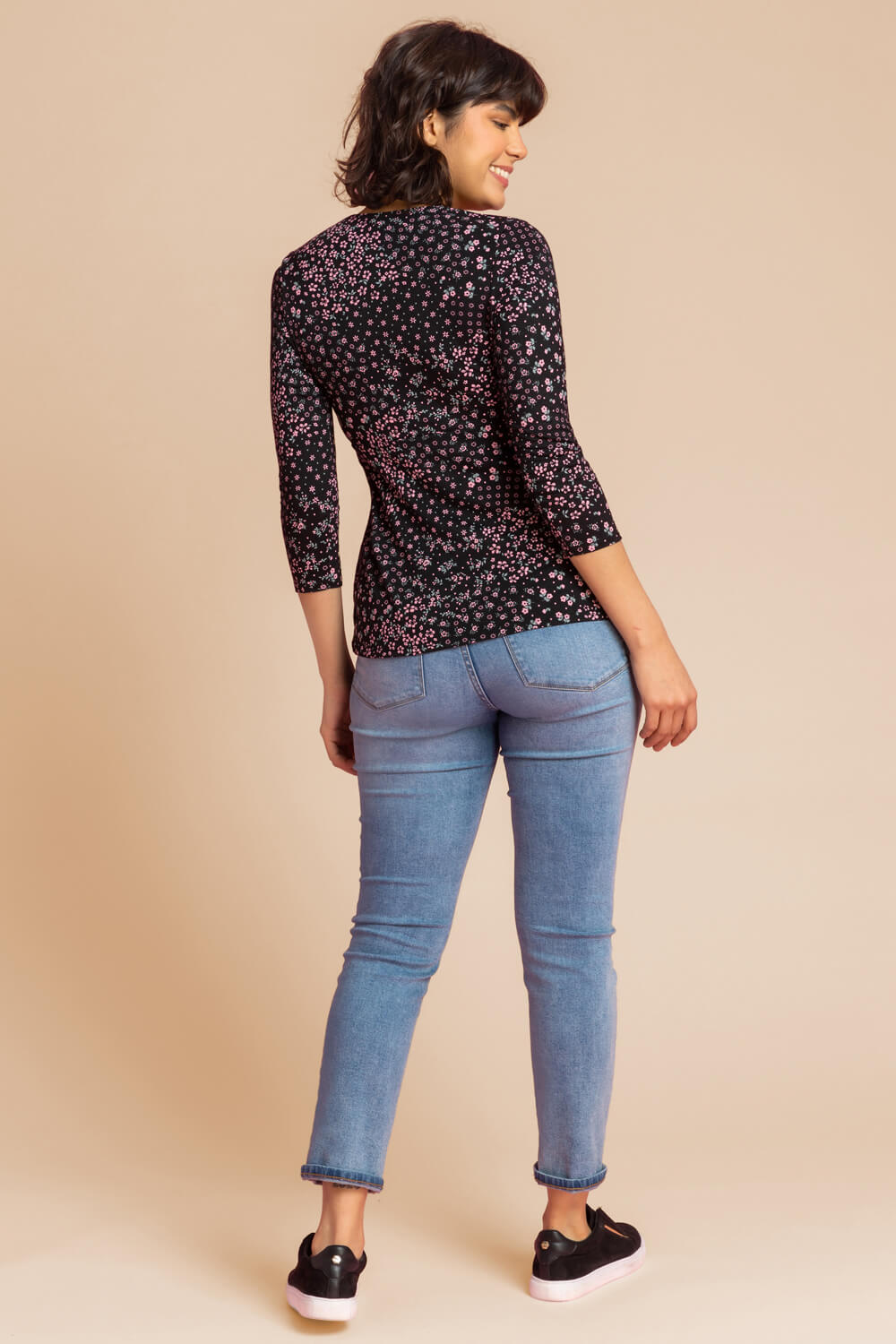 Black Ditsy Floral Print Ruched Top, Image 2 of 5