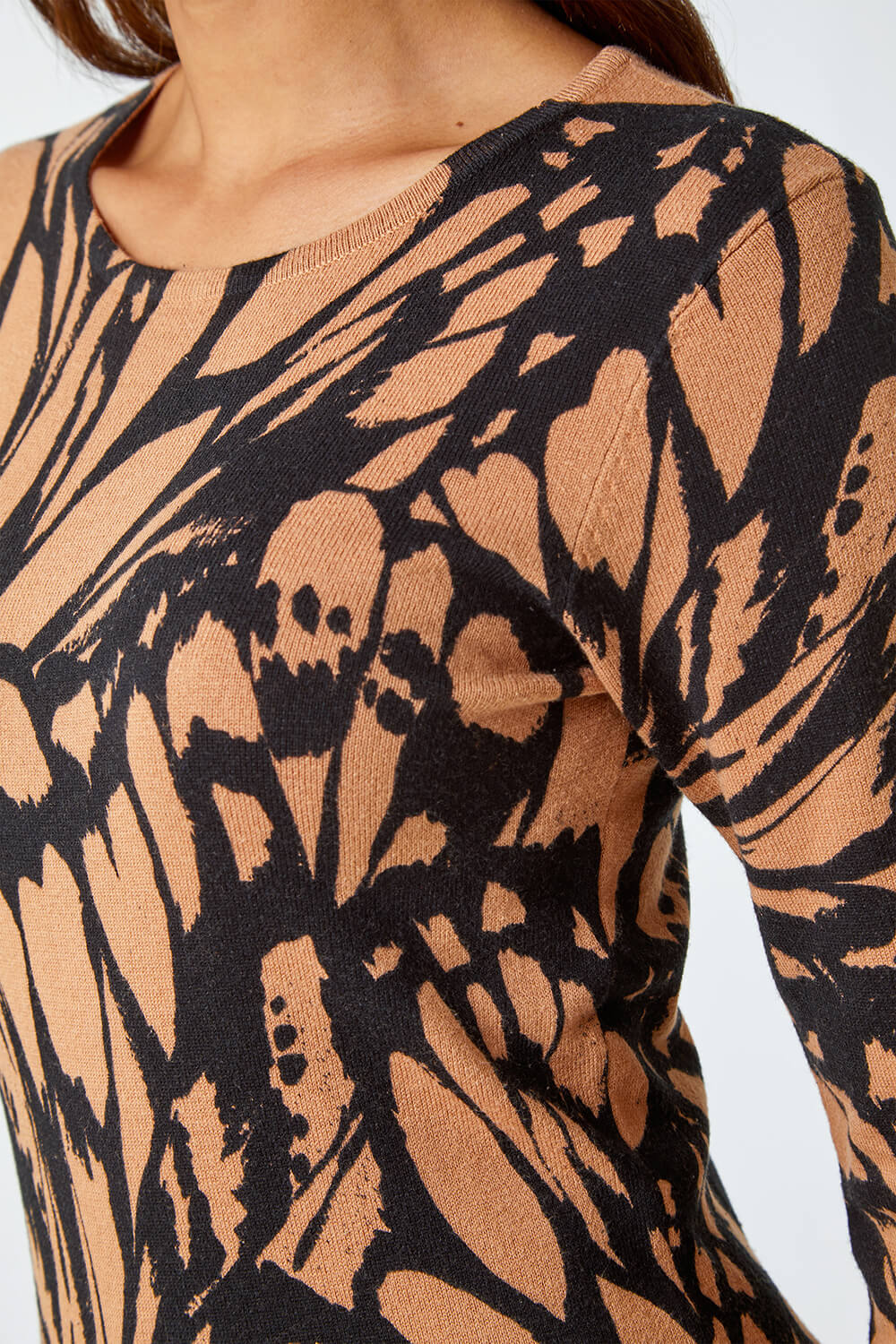 Camel  Butterfly Print Knitted Stretch Dress, Image 5 of 5