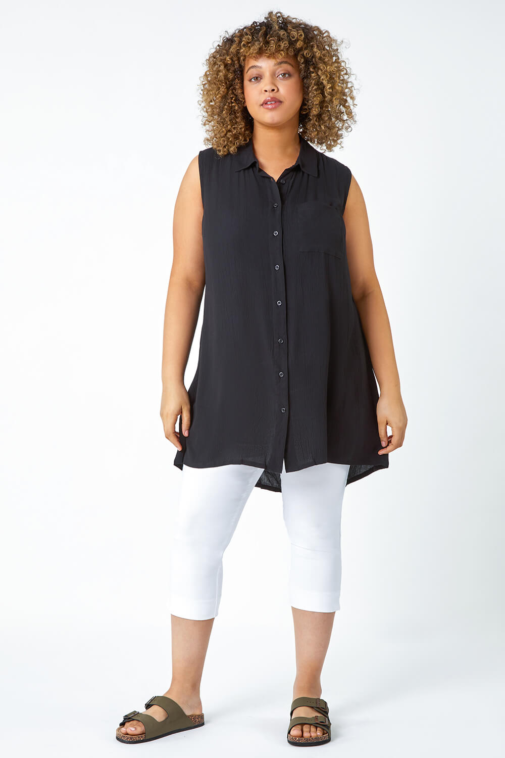 Black Curve Sleeveless Longline Tunic Shirt, Image 6 of 6