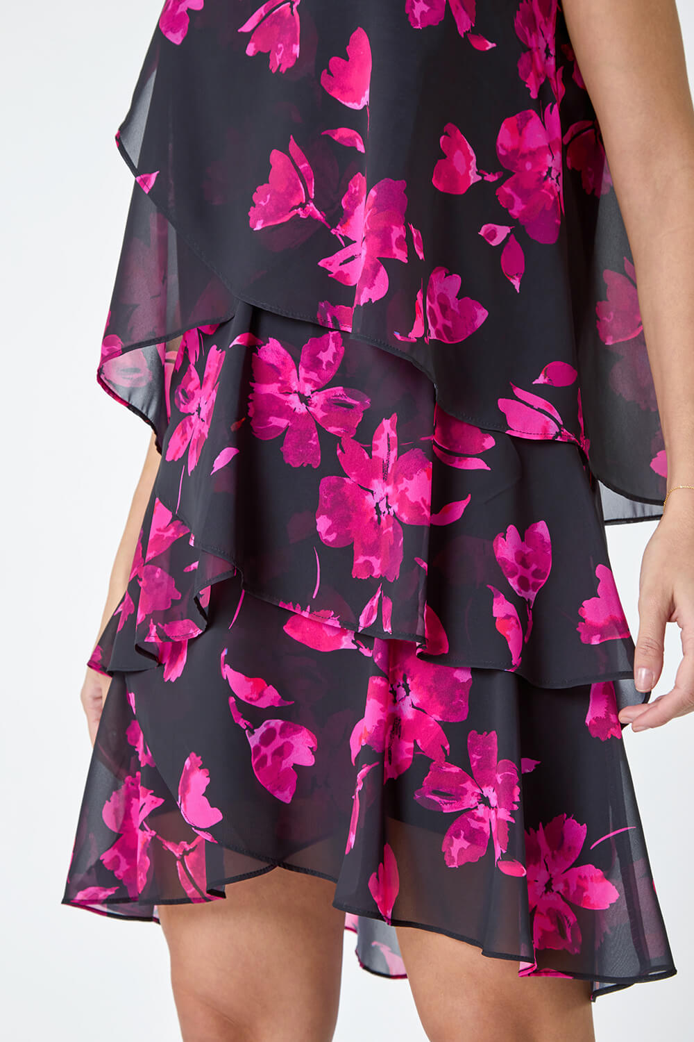 Black Floral Print Tiered Layer Dress, Image 5 of 5