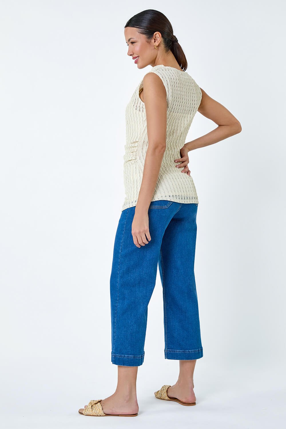 Natural  Textured High Neck Sleeveless Stretch Top, Image 3 of 5